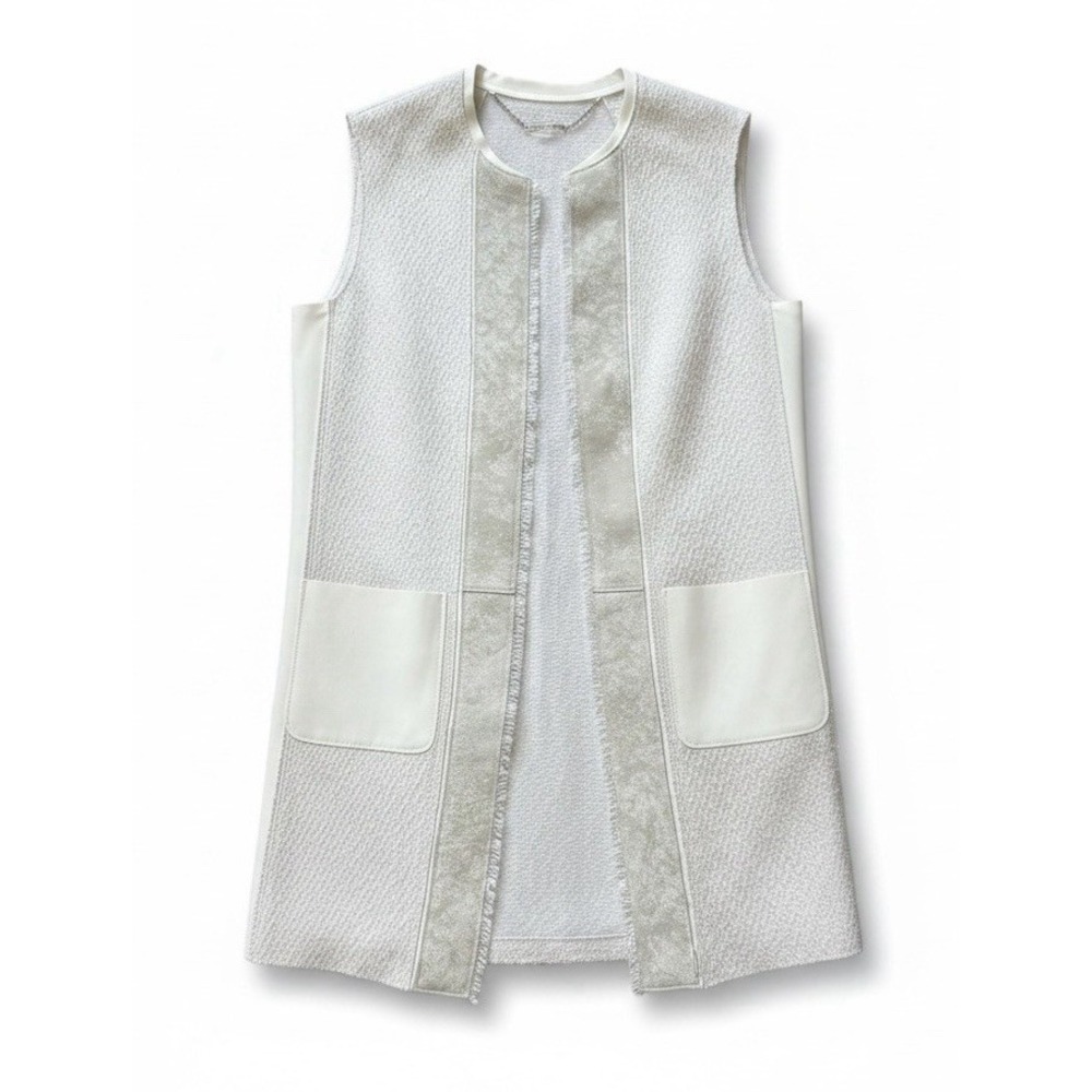 ELIE TAHARI Long Topper Vest Ivory Leather Trim Sleeveless Sm Polished  Classic